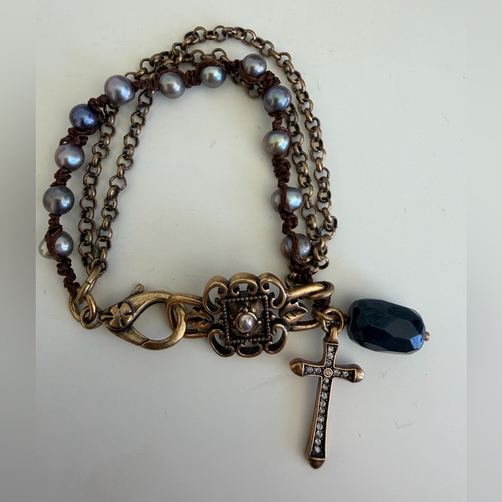 Lucky Brand Bronze and Pearl with Cross Charm Bracelet